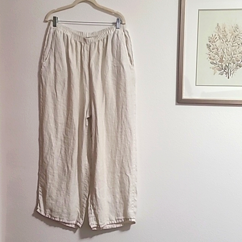 Flax 100% Linen Pants wide leg Crop Lagenlook Size 10 Eladtic Waistband Cream - Picture 2 of 7